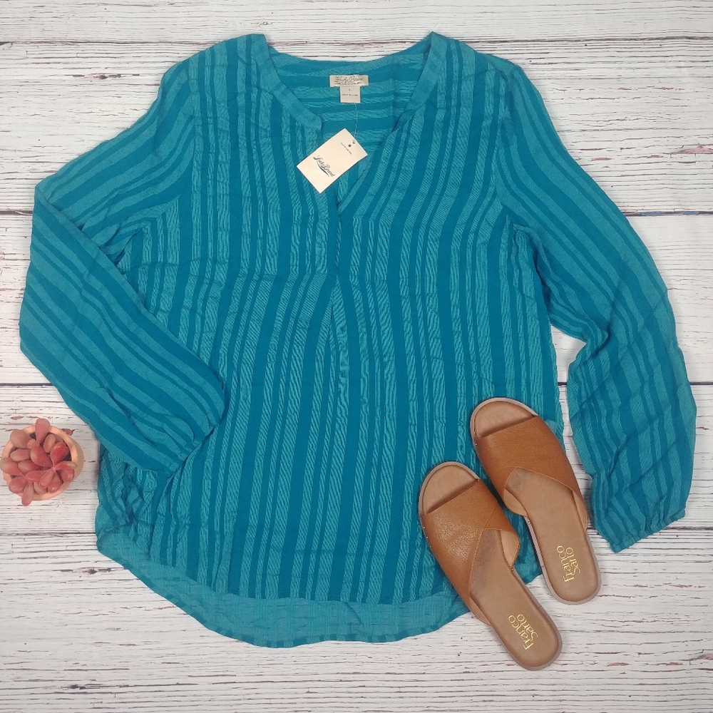 NWT Lucky Brand Blue Striped Semi Sheer Blouse